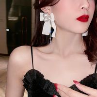 Wholesale Black White Ribbon Bow Earring Sterling Silver Stud Long Tassel Cloth Earrings Present for Girls Lady INS Temperament Simple Top Quality Personality