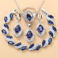 Wholesale 925 Sterling Silver Wedding Accessories Women Bridal Jewelry With Natural Stone CZ Blue Bracelet And Ring Sets