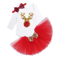 Wholesale Born Baby Girl Clothes Set Infant Long Sleeve Shiny Reindeer Romper Jumpsuit Tutu Skirt Headband Christmas Party Outfit Clothing Sets