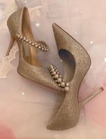 Wholesale Italy Luxury Golden Glitter Crystal Pearl Strap Dress Bridals Shoes Famous Lady Pointed Toe High Heels Women s Party Evening Walking Pumps