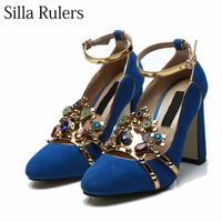 Wholesale Dress Shoes Silla Rulers Handmade High end Customization Genuine Leather Blue Kid Suede Shallow Gemstone High Heel Woman Party