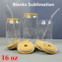 Wholesale 15oz Sublimation Glass Beer Mugs with Bamboo Lid Straw DIY Blanks Frosted Clear Can Shaped Tumblers Cups Heat Transfer Cocktail Iced Coffee Soda Whiskey Glasses DD