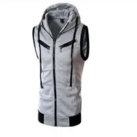 Wholesale Men s Vests Spring And Autumn Hooded Waistcoat With Hood Slim fit Vest Burgundy Multi zip Pocket Ladies Style Knitted Fabric Jacket