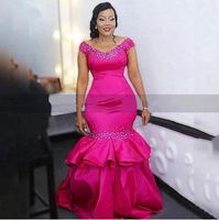 Wholesale Hot Pink Tiered Mermaid Evening Dresses With Beads Sequins Off Shoulder Women Long Formal Evening Dress Graduation Gown