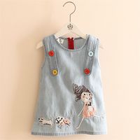 Wholesale Summer Fashion Little Girl Embroidery Cartoon Dog Tank Vest Dresses With Buttons O Neck Baby Girls Kids Denim Dress