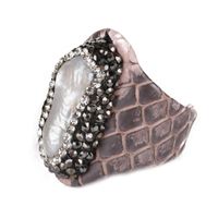 Wholesale Long Raw Natural Freshwater Pearl Bead Pave Rhinestone In Real Grey Dusty Rose Pink Snake Leather Open Ring Cuff Adjustable Band Rings