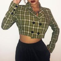 Wholesale Sexy Plaid Short Jacket Women V Neck Double Breasted Button Office Ladies Chic Long Sleeve Cropped High Waist Blazer Coat Women s Suits Bl