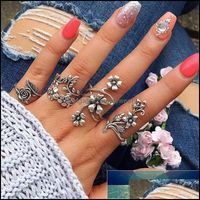 Wholesale Band Rings Jewelry Tocona Set Antique Sier Color Vintage Bohemia Ring Set Rose Flower For Women Charm Floral Knuckle Factory Price