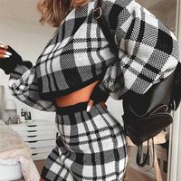 Wholesale Women s Tracksuit Elegant Office Two Piece Set Plaid Sweater Outfit Long Sleeve Crop Top And Skirt s Sexy Fashion Dress