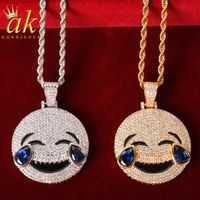 Wholesale Cartoon Character Blue Color Tear Laugh Cry Face Necklace Women Pendant Gold Color Material Copper Cubic Zircons Bling Charms Hip Hop Rock Street Jewelry