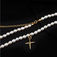 Wholesale 2021 European and American border simple gold cross Beaded Necklace women s hip hop single layer pearl design sense clavicle chain Jewelry gift