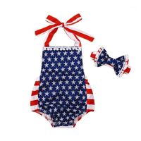 Wholesale Rompers Born Baby Girls th Of July Outfits Ruffle Sleeveless Romper American Flag Star Bodysuit Jumpsuit Headband M