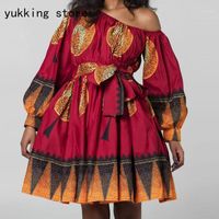 Wholesale Women African Printing Long Sleeve Mini Dress Off Shoulder Dashiki Sexy Fashion Elegant O Neck Solid Color Casual Dresses