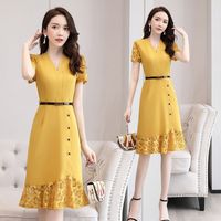 Wholesale Summer Chiffton Belt Button Short Sleeve V Neck Knee Length A Line Yellow Navy Blue Red Plus Size Women Cocktail Dresses