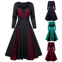 Wholesale Casual Dresses Vintage Women Long Dress Plus Size Halloween Gothic Clothes Skull Lace Insert Mock Button Bowknot Robe Femme