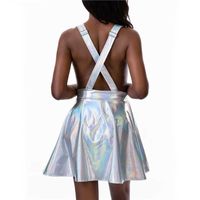 Wholesale Glitter Laser Holographic A Line Dress Women Backless Criss Cross Buckle Strap Wet Look Fall Fashion Sexy Mini Dresses Y0706