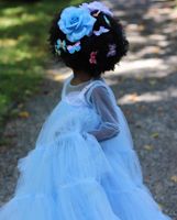 Wholesale Lovely Sky Blue Puffy Tulle Dresses Kids Sheer Ruffle Full Sleeves For Little Girls Birthday Party Long Dress Angle Custom Made Casual