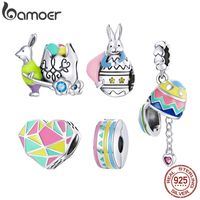 Wholesale Real Sterling Silver Easter Rabbit Eggs Colorful Heart Enamel Charm Original for DIY Jewelry Girls Kids gift SCC1754
