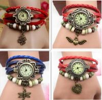Wholesale Women watch Mixed Style Vintage Weave Wrap Around Charm Bead Leather Bracelet Leaf Butterfly Horse Eiffel Tower Heart Wings owl Quartz Watches