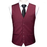 Wholesale Men s Vests Barry Wang Mens Red Wine Solid Waistcoat Blend Tailored Collar V neck Pocket Check Suit Vest Tie Set Formal Leisure MD