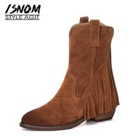 Wholesale Boots ISNOM Women Cow Suede Ankle Round Toe Zip Footwear Wedges Heel Fashion Fringe Ladies Chunky Shoes Winter