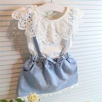 Wholesale Girl Lace bowknot braces denims suits Summer Chiffon Lace cotton Sleeveless T shirt Short skirt dress suit baby clothes V2