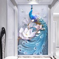 Wholesale Custom Any Size Mural Wallpaper D Stereo Relief Blue Peacock Flowers Wall Painting Living Room Hotel Entrance Backdrop Wall D Q0723