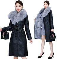 Wholesale Winter Women s Long PU Leather Jacket Plus Velvet Warm Slim Big Fur Collar Artifical Coat Female Outerwear M XLfree ship