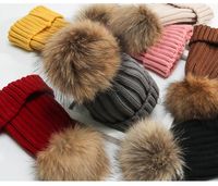 Wholesale Cute Warm Winter Knit Hat Detachable Real Raccoon Fur Pom Womensids Girls Warm Knit Beanie Hat Kids Hip hop Casual Cuffed Beanies Bonnet