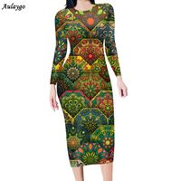 Wholesale Casual Dresses Aulaygo Colorful African Pattern Boho Style Dress With Long Sleeves O Neck Pencil Lady s Sexy Bodycon Midi