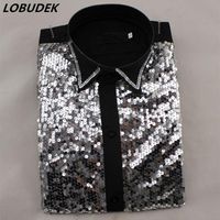 Wholesale Men Tuxedo Shirt Prom Party Male Singer Chorus Stage Outfit Black Red Blue Gold Yellow Sparkly Sequins Long Shirts Dance Costume Men s Dress