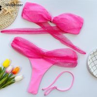 Wholesale 2021 summer pink micro bikini sexy ladys mesh sequins trikini swimsuit solid swimwear women bathing suit thong biquini by