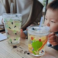 Wholesale Cartoon glass with straw beverage tumbler lovely office scale milk tumblers creative juice drinking cup