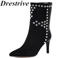 Wholesale Boots Drestrive Woman Ankle Kid Suede Pointed Toe Rivet Zipper Black Winter Shoes Thin High Heel Size Patchwork