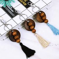 Wholesale NEWWooden Beaded Key Ring Favor Cotton Tassel Pendant Engraving Monogrammed Keychain Round Wood Chip Ornament Festival Gift Styles RRD1318