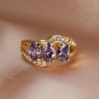 Wholesale Wedding Rings Purple Oval Three Stone Crystal Ring Charm Gold Color Jewelry For Women Cute Bride Engagement Valentines Day Gift