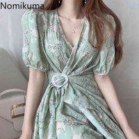 Wholesale Nomikuma Elegant Floral Dresses Women Puff Short Sleeve V neck Dress Korean Slim Waist Irregular Vestido De Mujer New G776