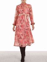 Wholesale Casual Dresses Milan town European French high end stand collar waist lace up trumpet sleeve pink print dress V3HB