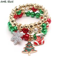Wholesale Cute Children Strands charms Rhinestone Christmas Santa Claus Tree sock Snowflake Tag Design bangles Kid bracelets beads jewelry for party Gift