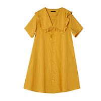 Wholesale PERHAPS U White Yellow Pink Ruffle Peter Pan Collar Single breasted Short Sleeve Mini Dress Summer D1599