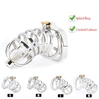 Wholesale Best CBT Male Chastity Belt Device Stainless Steel Cock Cage Penis Ring Lock with Urethral Catheter Spiked Ring Sex Toys For Men