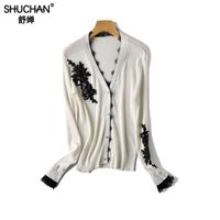 Wholesale Women s Sweaters Shuchan Lace Patchwork Cardigan Feminino Women Clothing White Black Single Breasted Thin Woman Tops Womens