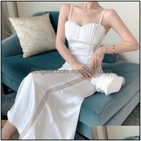 Wholesale Casual Dresses Womens Clothing Apparel Arrival Satin Maxi White Sexy Sleeveless Dress Women Long Beach Shell Design Lace Patchwork Vest