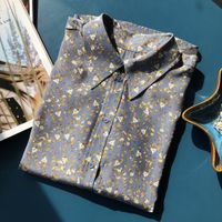 Wholesale 2021 Summer Fall Long Sleeve Lapel Neck Blue Floral Print Silk Gray and Blue Flower and Bird Print Buttons Single Breasted Blouse Women Fashion Shirt Q281426