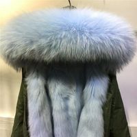 Wholesale Women s Fur Faux Thick Warm Light Blue Winter Lining Jacket Raccoon Hooded Outerwear Women Coats Real Parka