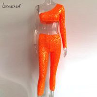 Wholesale Women s Tracksuits Shiny Orange Sequins Two Piece Set One Shoulder Slope Long Sleeve Crop Top Mid Calf Pencil Pants Outfits Party Club