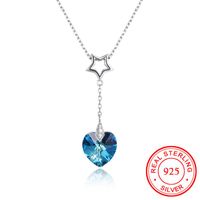 Wholesale Pendant Necklaces Romantic Wedding Sterling Silver Jewelry Blue Austrian Crystal Ocean Love Heart Hollow Out Star Hanging