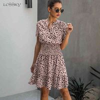 Wholesale Dress Women Leopard Casual Black Summer Ruffle Mini Dresses Buttons Ladies Purple Waisted Fitted Clothing Womens Clothes G0118