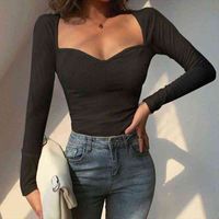 Wholesale Long Sleeve Square Collar Womens Blouses Top Fashion Solid Color Sexy Shopping Daily Wear