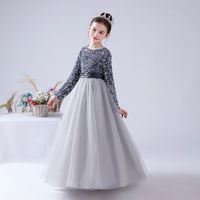 Wholesale Flower girls dresses children bling sequins long sleeve princess dress kids lace tulle party clothing Ball Gown child pageant dress A8077